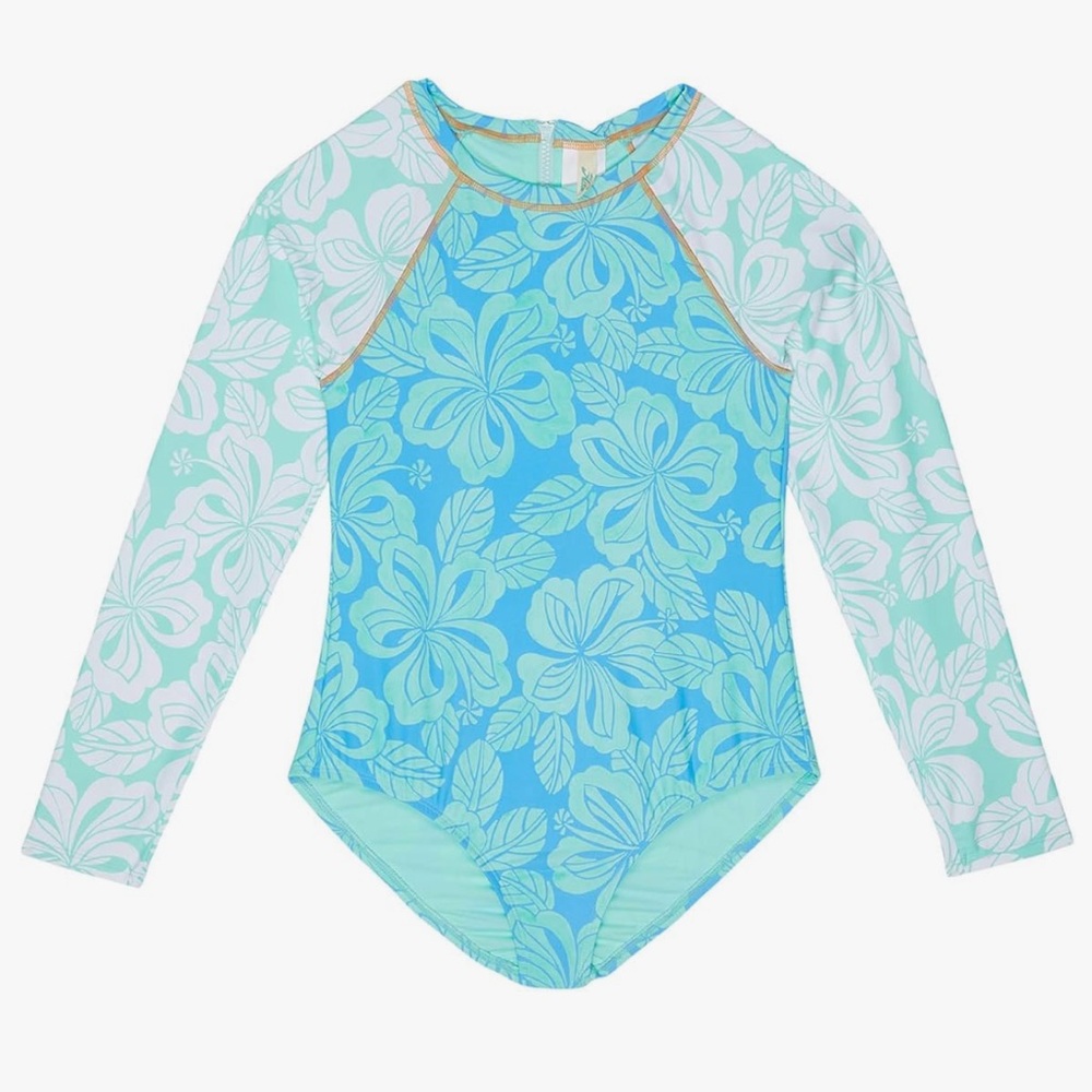 ASOS Hobie Blue White Hawaiian Rashguard One Piece Swimsuit Tropical Girls Large